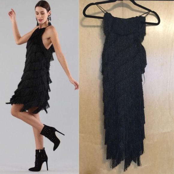 HALSTON Sleeveless High-Neck Fringe Slip Cocktail - Picture 2 of 8